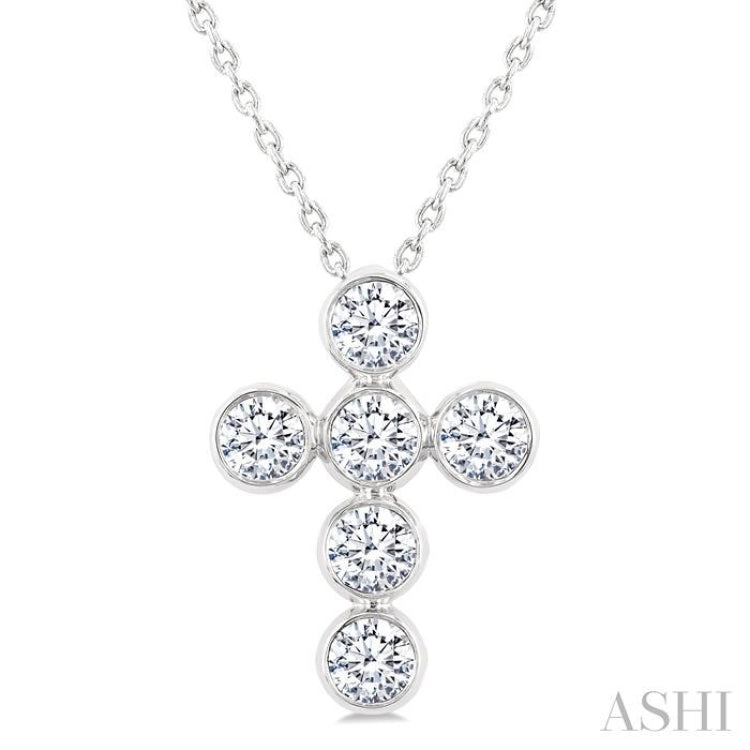 1 Ctw Round Cut Diamond 6-Stone Bezel Set Cross Pendant With Chain in 14K White Gold